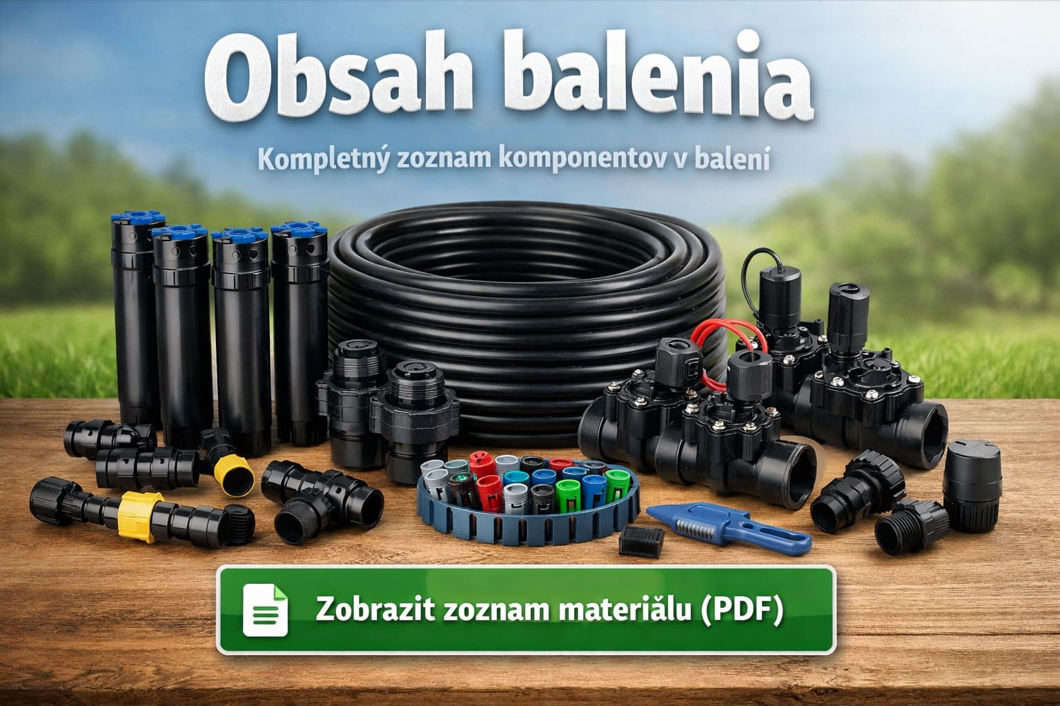 Obsah balenia závlahového setu Hunter PGP-ADJ pre automatickú závlahu trávnika – postrekovače, ventily, potrubie a trysky